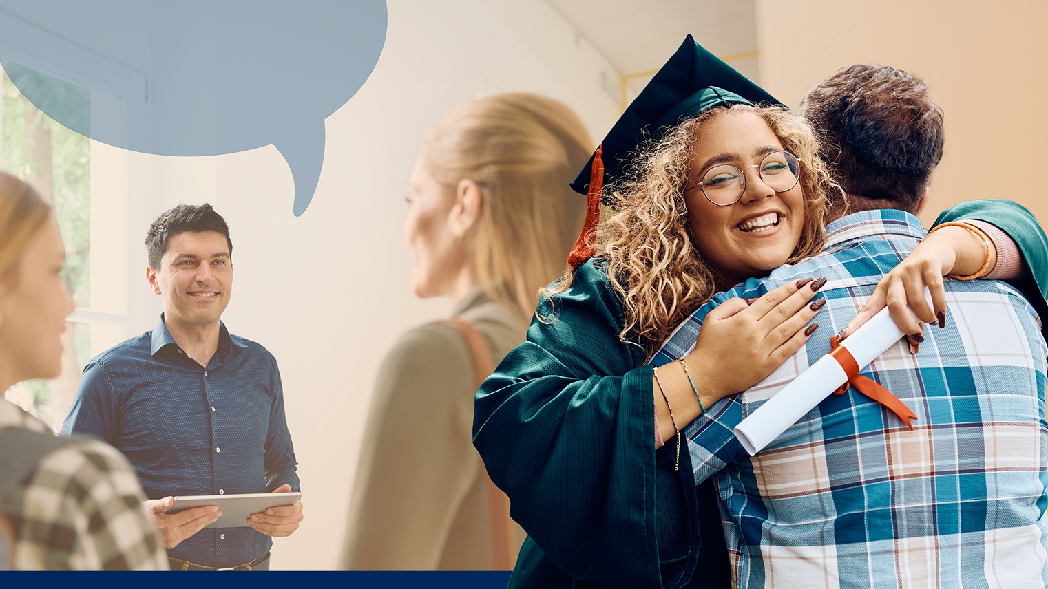 Graduate hugging family member